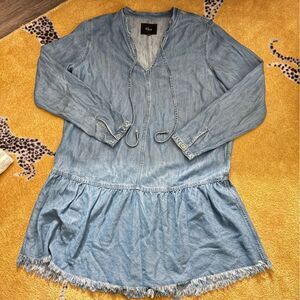 Rails Mel Split-neck Long-sleeve Denim Shift Dress In Medium Vintage Wash Sz M